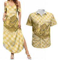Melemele Hawaii Cowboy Palaka Motifs Personalised Couples Matching Summer Maxi Dress and Hawaiian Shirt Paniolo Festival Puakenikeni Lei LT14 Yellow - Polynesian Pride