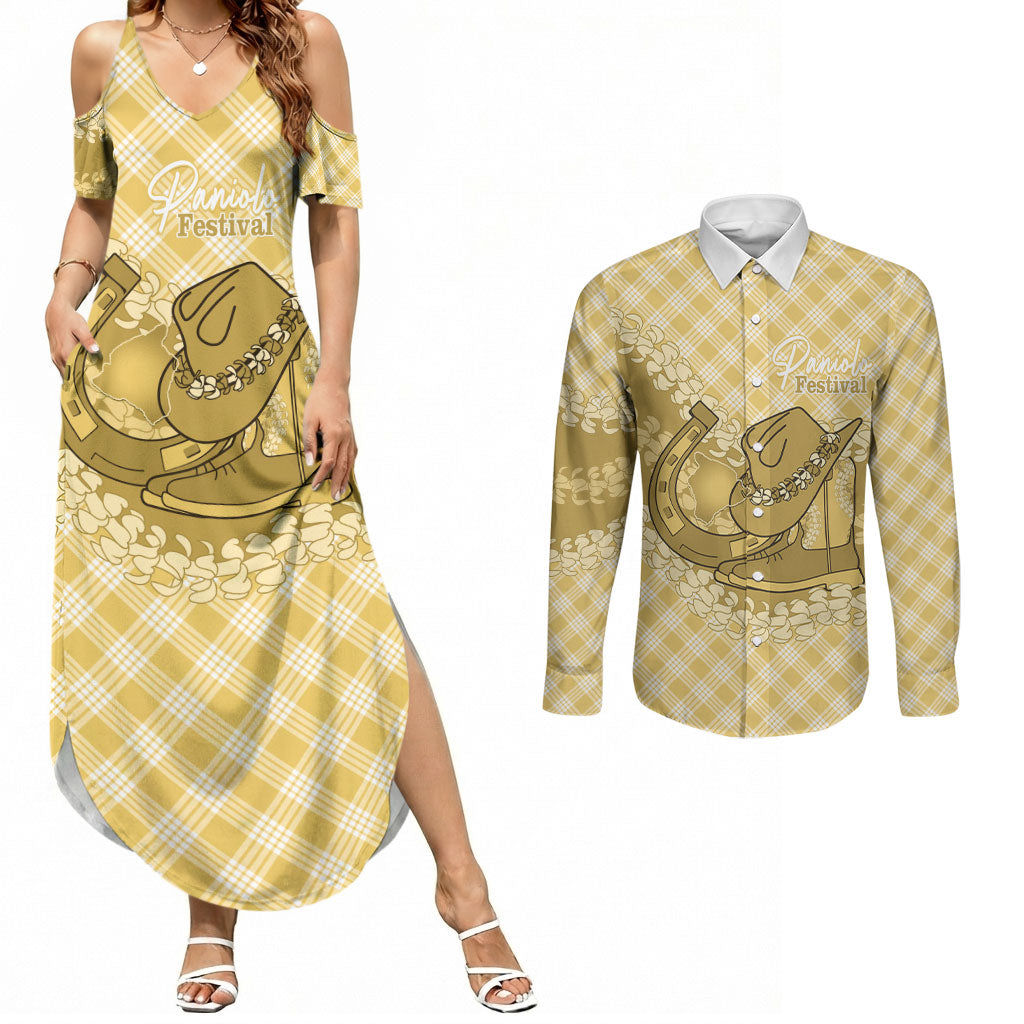 Melemele Hawaii Cowboy Palaka Motifs Personalised Couples Matching Summer Maxi Dress and Long Sleeve Button Shirt Paniolo Festival Puakenikeni Lei LT14 Yellow - Polynesian Pride