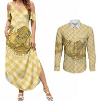 Melemele Hawaii Cowboy Palaka Motifs Personalised Couples Matching Summer Maxi Dress and Long Sleeve Button Shirt Paniolo Festival Puakenikeni Lei LT14 Yellow - Polynesian Pride