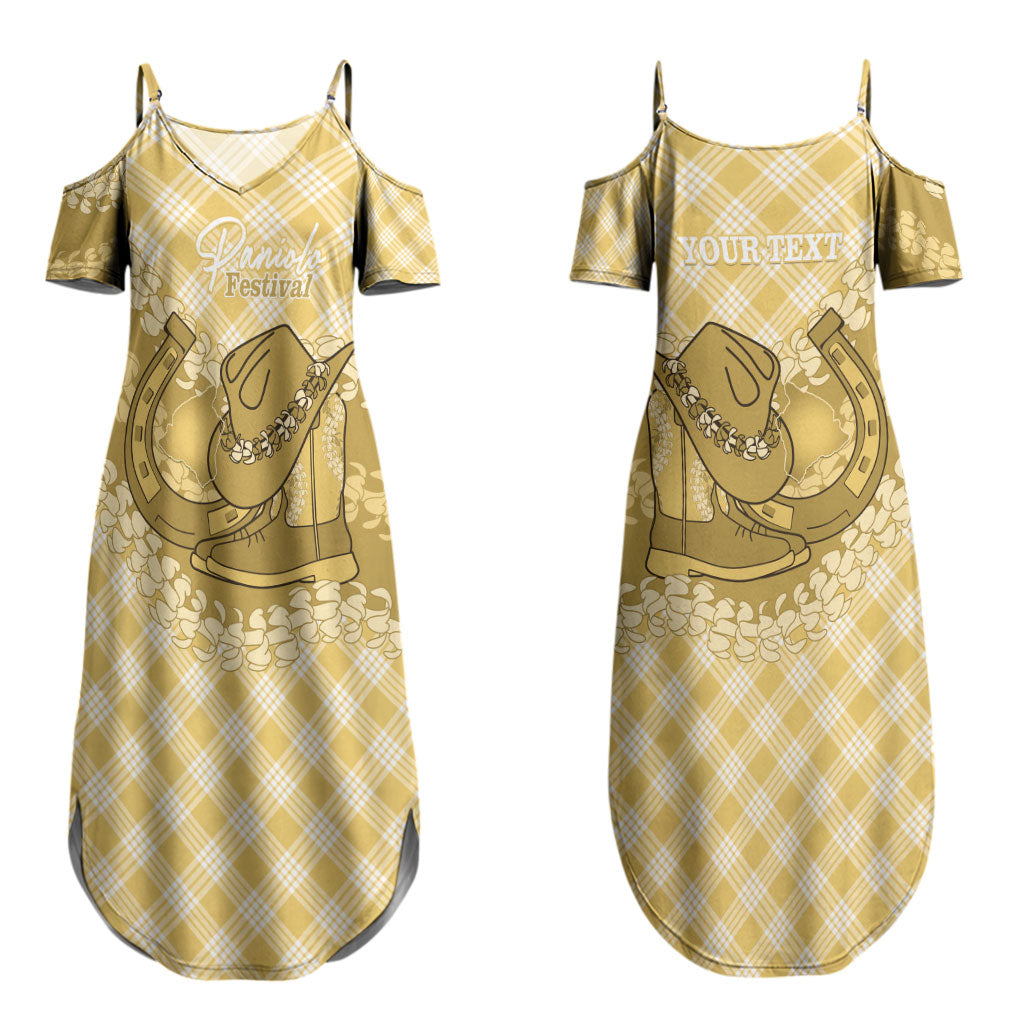 Melemele Hawaii Cowboy Palaka Motifs Personalised Couples Matching Summer Maxi Dress and Long Sleeve Button Shirt Paniolo Festival Puakenikeni Lei LT14 - Polynesian Pride