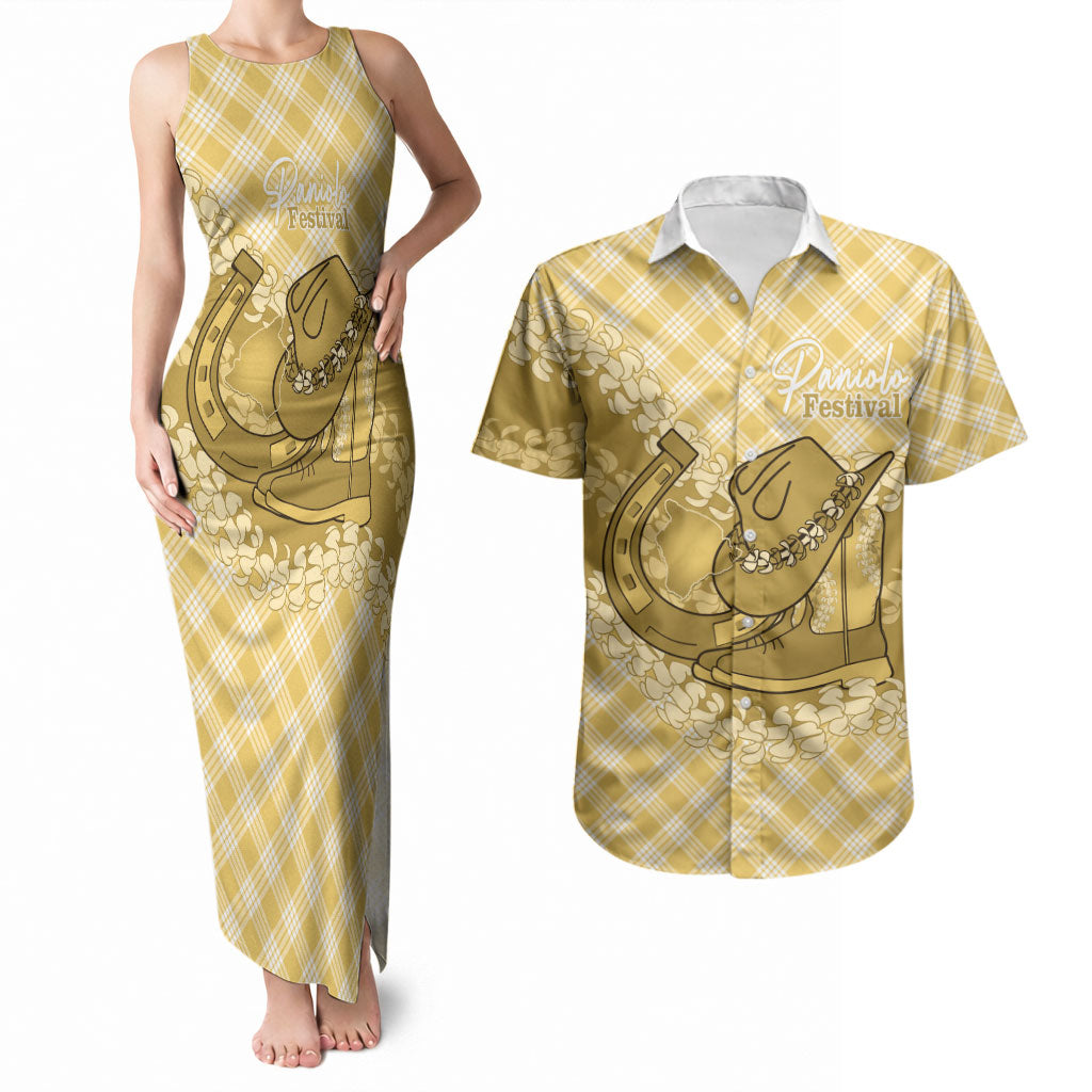 Melemele Hawaii Cowboy Palaka Motifs Personalised Couples Matching Tank Maxi Dress and Hawaiian Shirt Paniolo Festival Puakenikeni Lei LT14 Yellow - Polynesian Pride