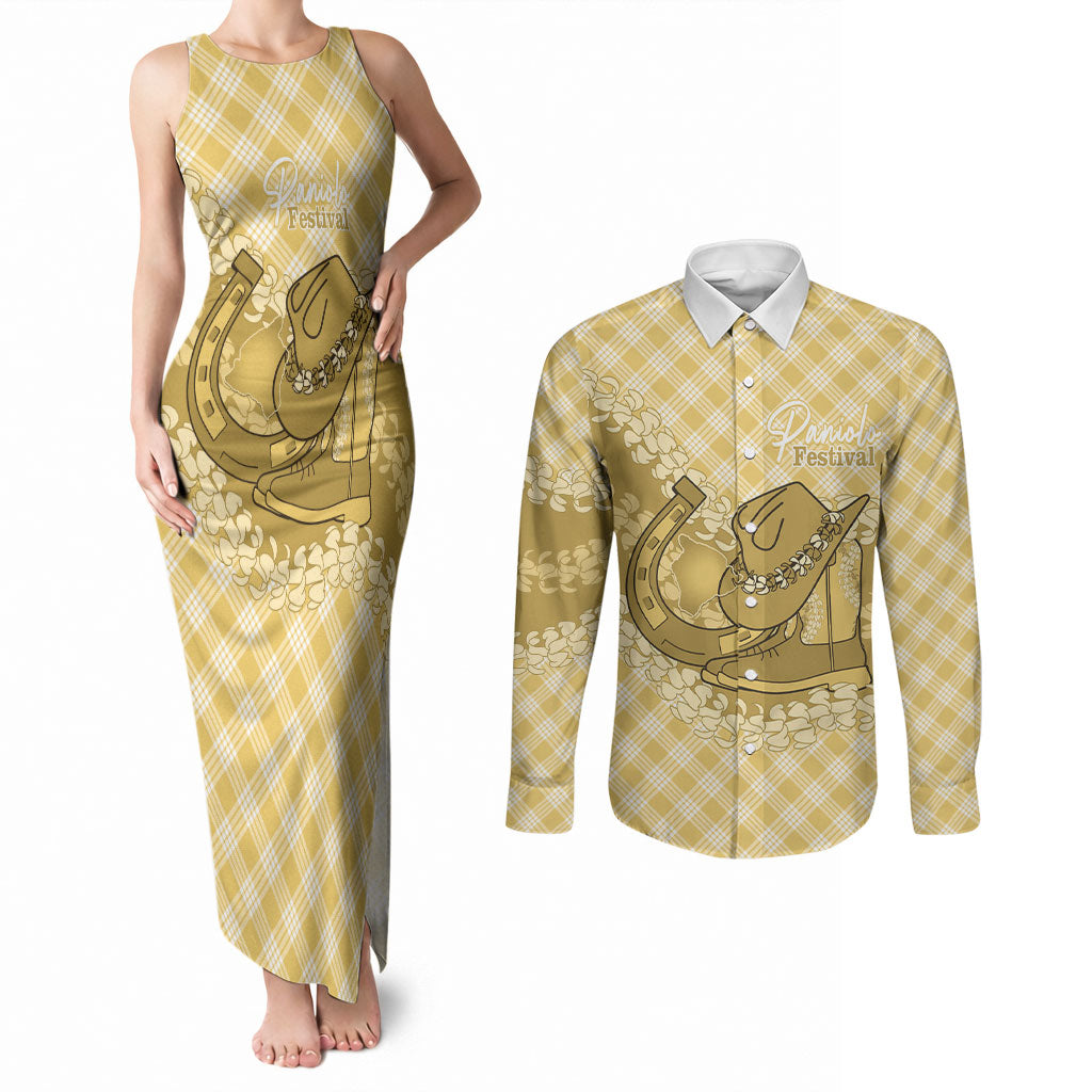 Melemele Hawaii Cowboy Palaka Motifs Personalised Couples Matching Tank Maxi Dress and Long Sleeve Button Shirt Paniolo Festival Puakenikeni Lei LT14 Yellow - Polynesian Pride