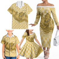 Melemele Hawaii Cowboy Palaka Motifs Personalised Family Matching Off The Shoulder Long Sleeve Dress and Hawaiian Shirt Paniolo Festival Puakenikeni Lei LT14 - Polynesian Pride