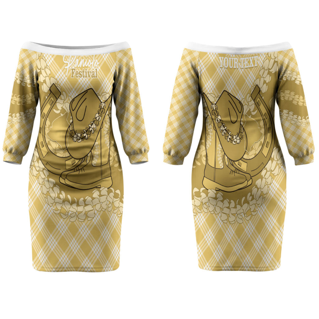 Melemele Hawaii Cowboy Palaka Motifs Personalised Family Matching Off The Shoulder Long Sleeve Dress and Hawaiian Shirt Paniolo Festival Puakenikeni Lei LT14 Mom's Dress Yellow - Polynesian Pride