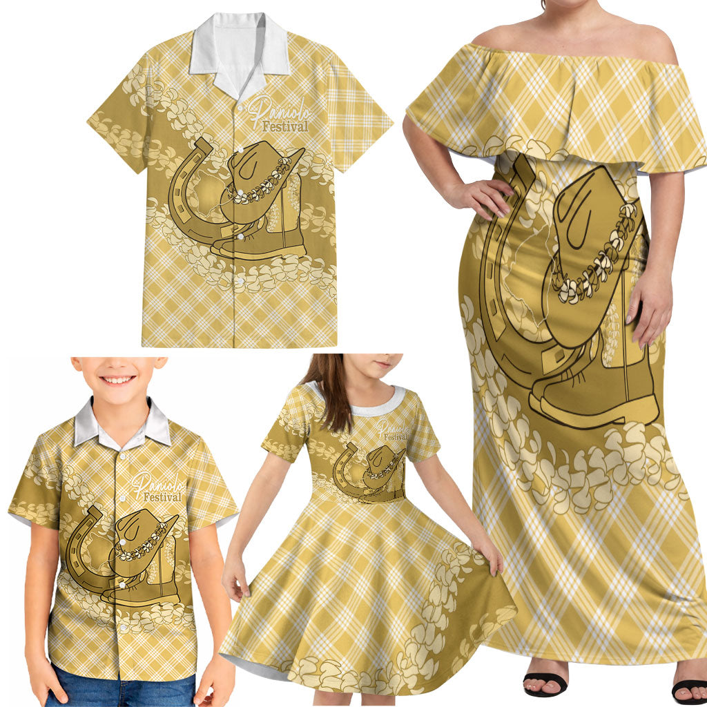Melemele Hawaii Cowboy Palaka Motifs Personalised Family Matching Off Shoulder Maxi Dress and Hawaiian Shirt Paniolo Festival Puakenikeni Lei LT14 - Polynesian Pride