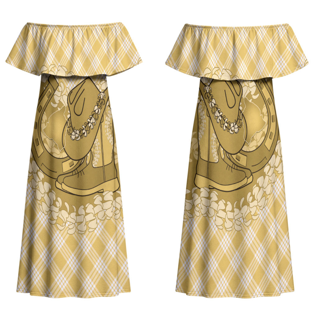 Melemele Hawaii Cowboy Palaka Motifs Personalised Family Matching Off Shoulder Maxi Dress and Hawaiian Shirt Paniolo Festival Puakenikeni Lei LT14 Mom's Dress Yellow - Polynesian Pride