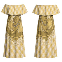 Melemele Hawaii Cowboy Palaka Motifs Personalised Family Matching Off Shoulder Maxi Dress and Hawaiian Shirt Paniolo Festival Puakenikeni Lei LT14 Mom's Dress Yellow - Polynesian Pride