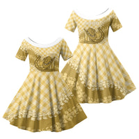 Melemele Hawaii Cowboy Palaka Motifs Personalised Family Matching Off Shoulder Maxi Dress and Hawaiian Shirt Paniolo Festival Puakenikeni Lei LT14 Daughter's Dress Yellow - Polynesian Pride