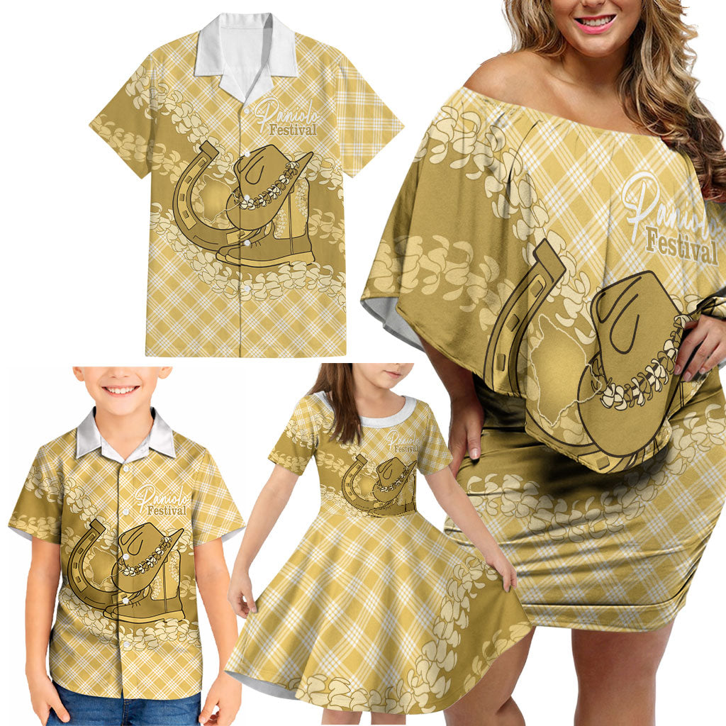 Melemele Hawaii Cowboy Palaka Motifs Personalised Family Matching Off Shoulder Short Dress and Hawaiian Shirt Paniolo Festival Puakenikeni Lei LT14 - Polynesian Pride