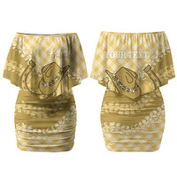 Melemele Hawaii Cowboy Palaka Motifs Personalised Family Matching Off Shoulder Short Dress and Hawaiian Shirt Paniolo Festival Puakenikeni Lei LT14 Mom's Dress Yellow - Polynesian Pride
