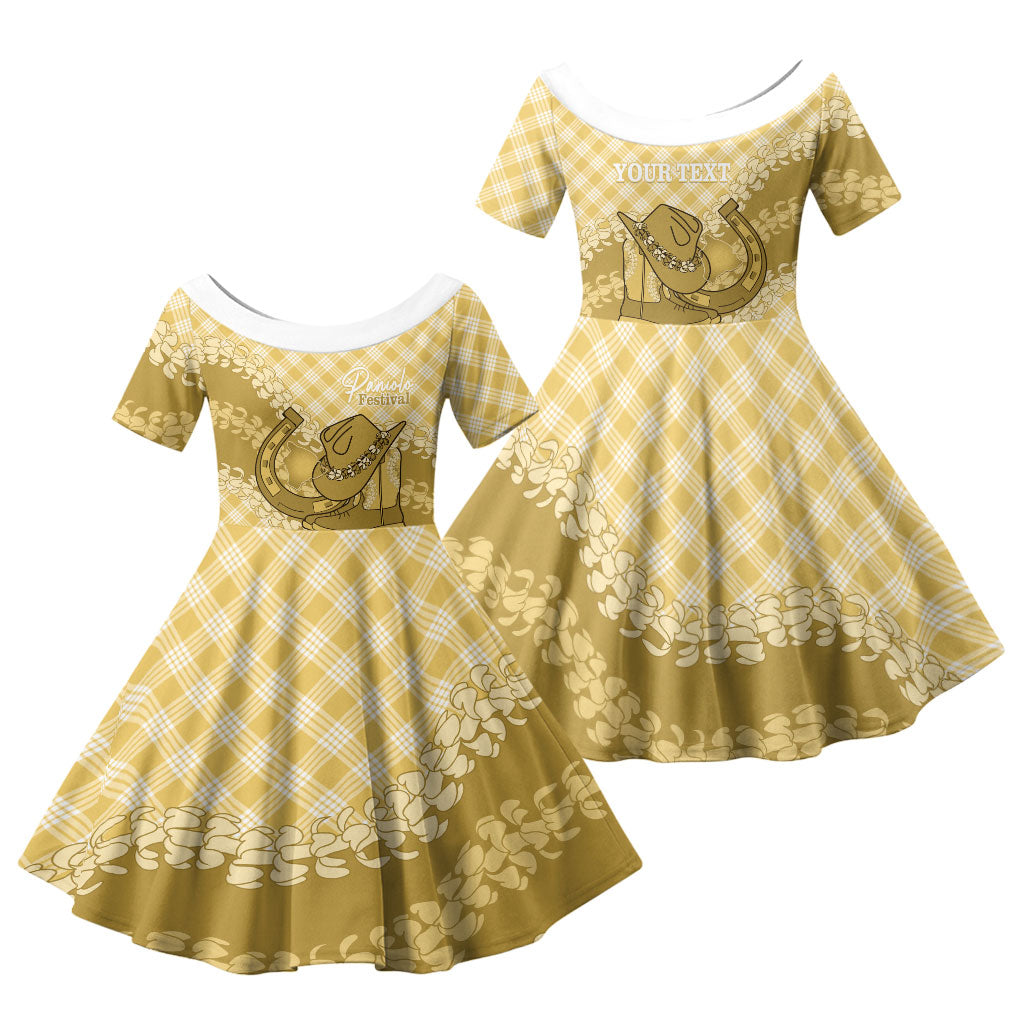 Melemele Hawaii Cowboy Palaka Motifs Personalised Family Matching Off Shoulder Short Dress and Hawaiian Shirt Paniolo Festival Puakenikeni Lei LT14 Daughter's Dress Yellow - Polynesian Pride