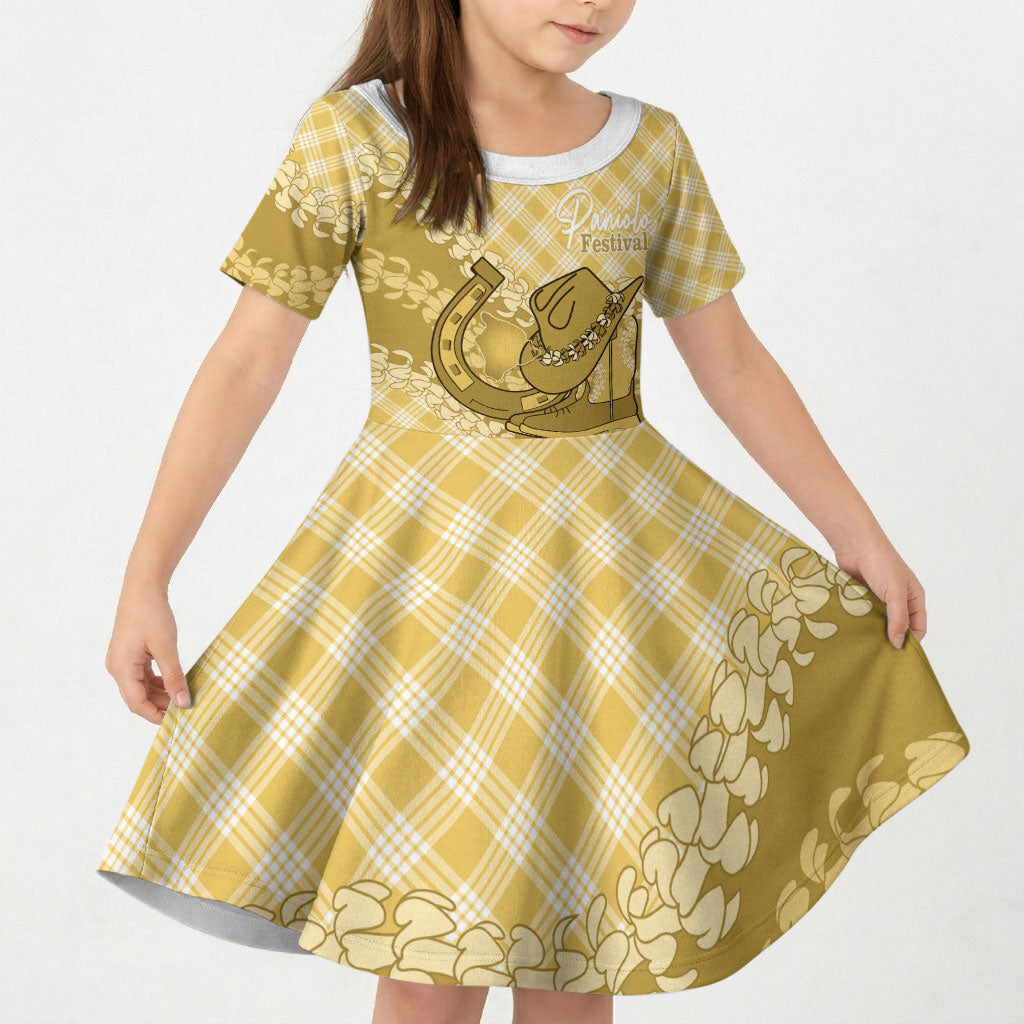 Melemele Hawaii Cowboy Palaka Motifs Personalised Kid Short Sleeve Dress Paniolo Festival Puakenikeni Lei LT14 KID Yellow - Polynesian Pride