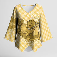 Melemele Hawaii Cowboy Palaka Motifs Personalised Kimono Sleeve Blouse Paniolo Festival Puakenikeni Lei LT14 Female Yellow - Polynesian Pride