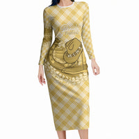 Melemele Hawaii Cowboy Palaka Motifs Personalised Long Sleeve Bodycon Dress Paniolo Festival Puakenikeni Lei LT14 Long Dress Yellow - Polynesian Pride