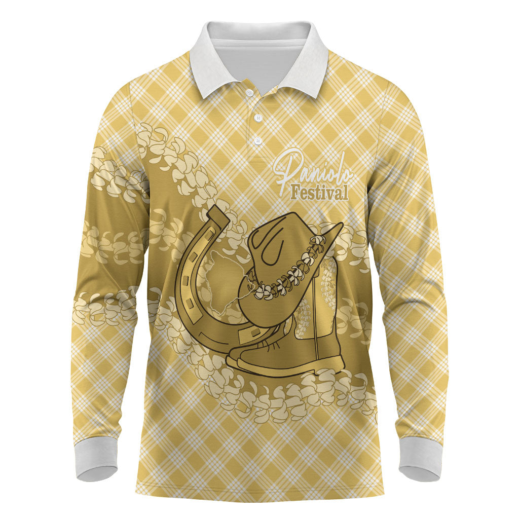 Melemele Hawaii Cowboy Palaka Motifs Personalised Long Sleeve Polo Shirt Paniolo Festival Puakenikeni Lei LT14 Yellow - Polynesian Pride
