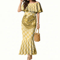 Melemele Hawaii Cowboy Palaka Motifs Personalised Mermaid Dress Paniolo Festival Puakenikeni Lei LT14 Women Yellow - Polynesian Pride