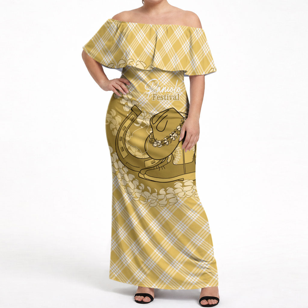 Melemele Hawaii Cowboy Palaka Motifs Personalised Off Shoulder Maxi Dress Paniolo Festival Puakenikeni Lei LT14 Women Yellow - Polynesian Pride