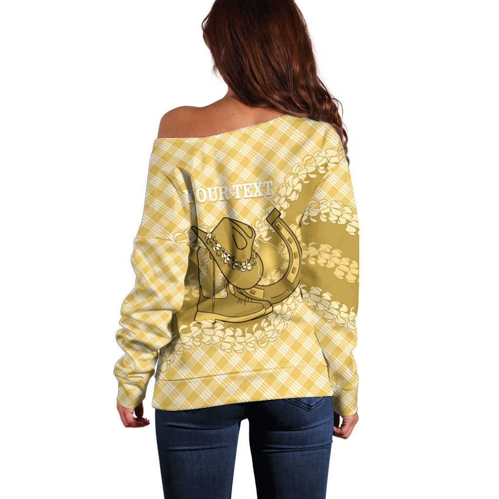 Melemele Hawaii Cowboy Palaka Motifs Personalised Off Shoulder Sweater Paniolo Festival Puakenikeni Lei LT14 - Polynesian Pride
