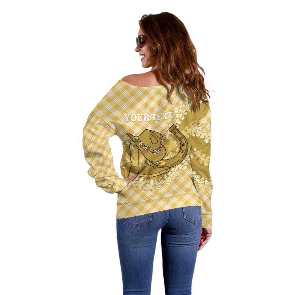 Melemele Hawaii Cowboy Palaka Motifs Personalised Off Shoulder Sweater Paniolo Festival Puakenikeni Lei LT14 - Polynesian Pride
