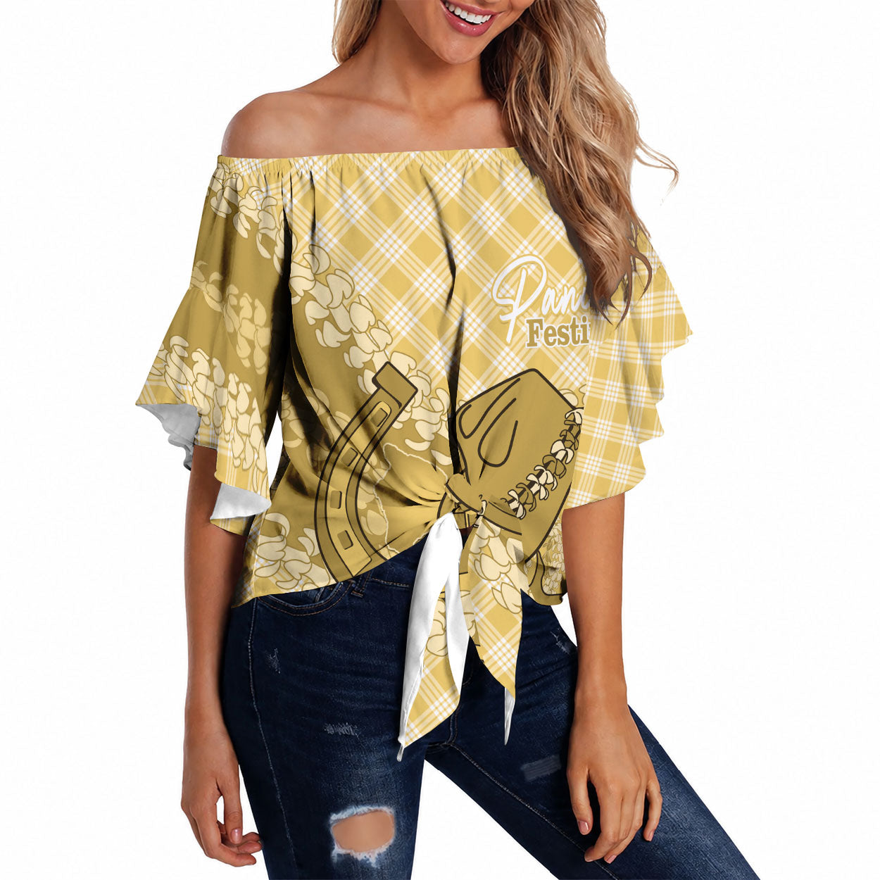 Melemele Hawaii Cowboy Palaka Motifs Personalised Off Shoulder Wrap Waist Top Paniolo Festival Puakenikeni Lei LT14 Yellow - Polynesian Pride