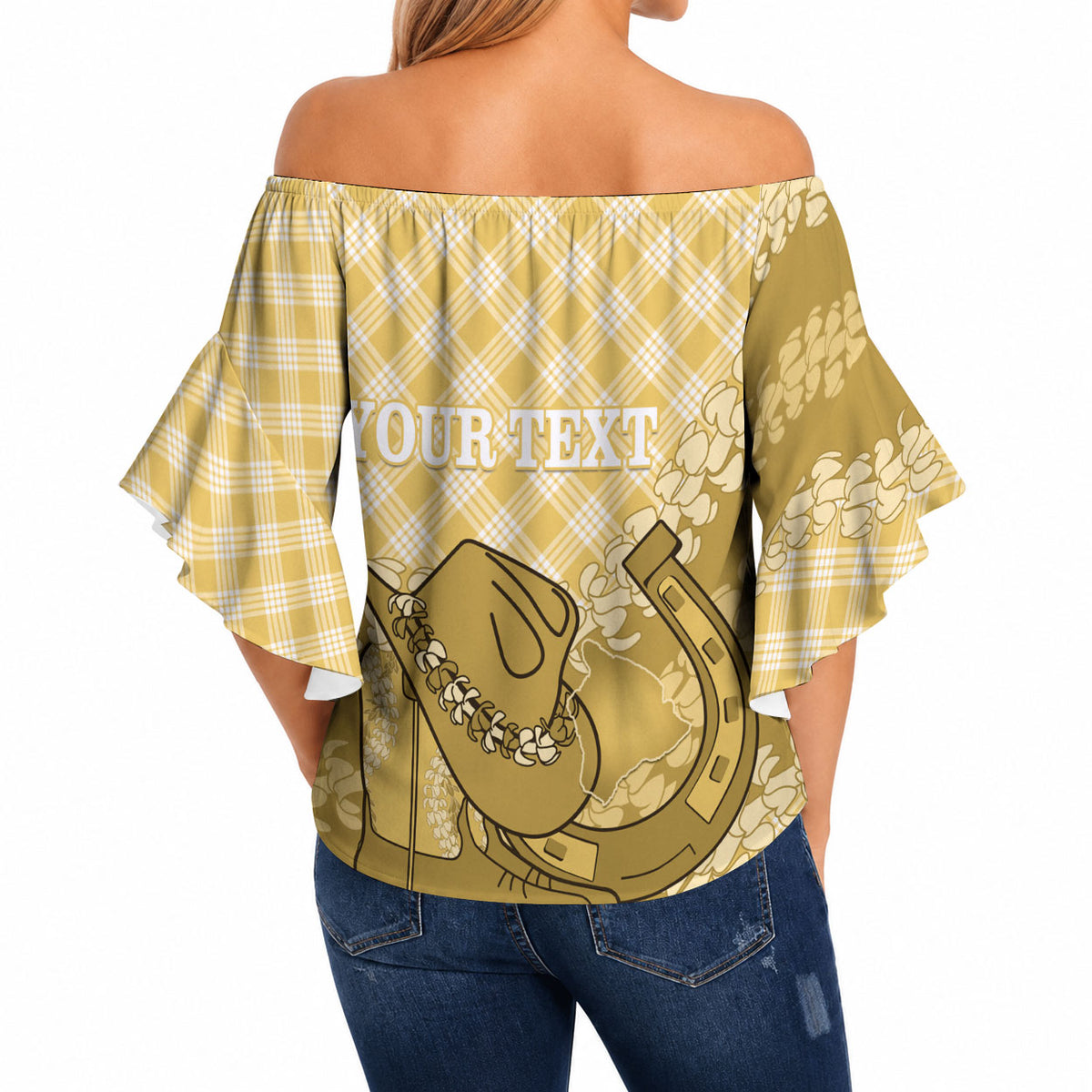 Melemele Hawaii Cowboy Palaka Motifs Personalised Off Shoulder Wrap Waist Top Paniolo Festival Puakenikeni Lei LT14 - Polynesian Pride