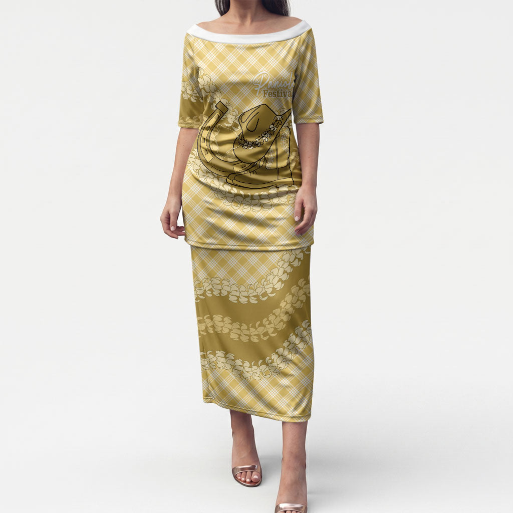 Melemele Hawaii Cowboy Palaka Motifs Personalised Puletasi Paniolo Festival Puakenikeni Lei LT14 Long Dress Yellow - Polynesian Pride