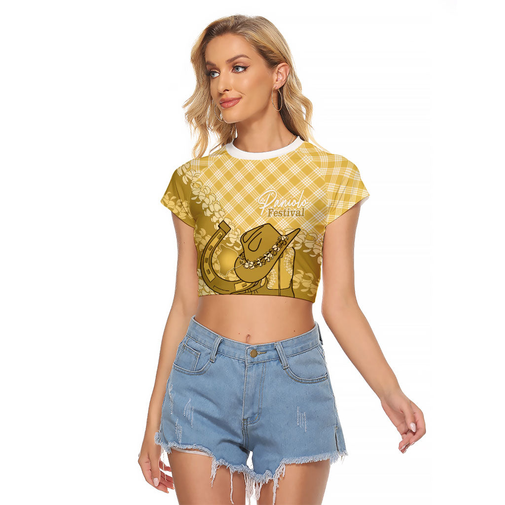 Melemele Hawaii Cowboy Palaka Motifs Personalised Raglan Cropped T Shirt Paniolo Festival Puakenikeni Lei LT14 Female Yellow - Polynesian Pride