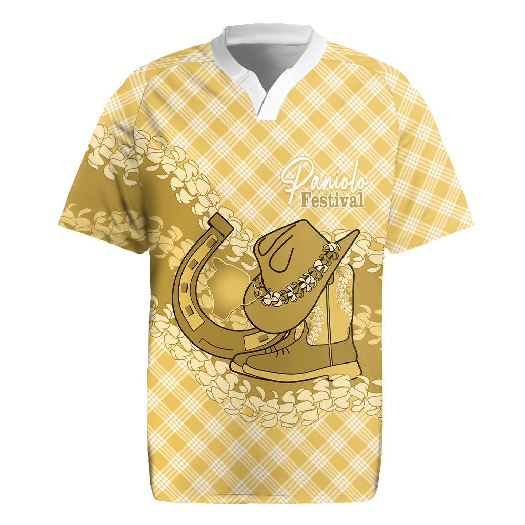 Melemele Hawaii Cowboy Palaka Motifs Personalised Rugby Jersey Paniolo Festival Puakenikeni Lei LT14 Yellow - Polynesian Pride