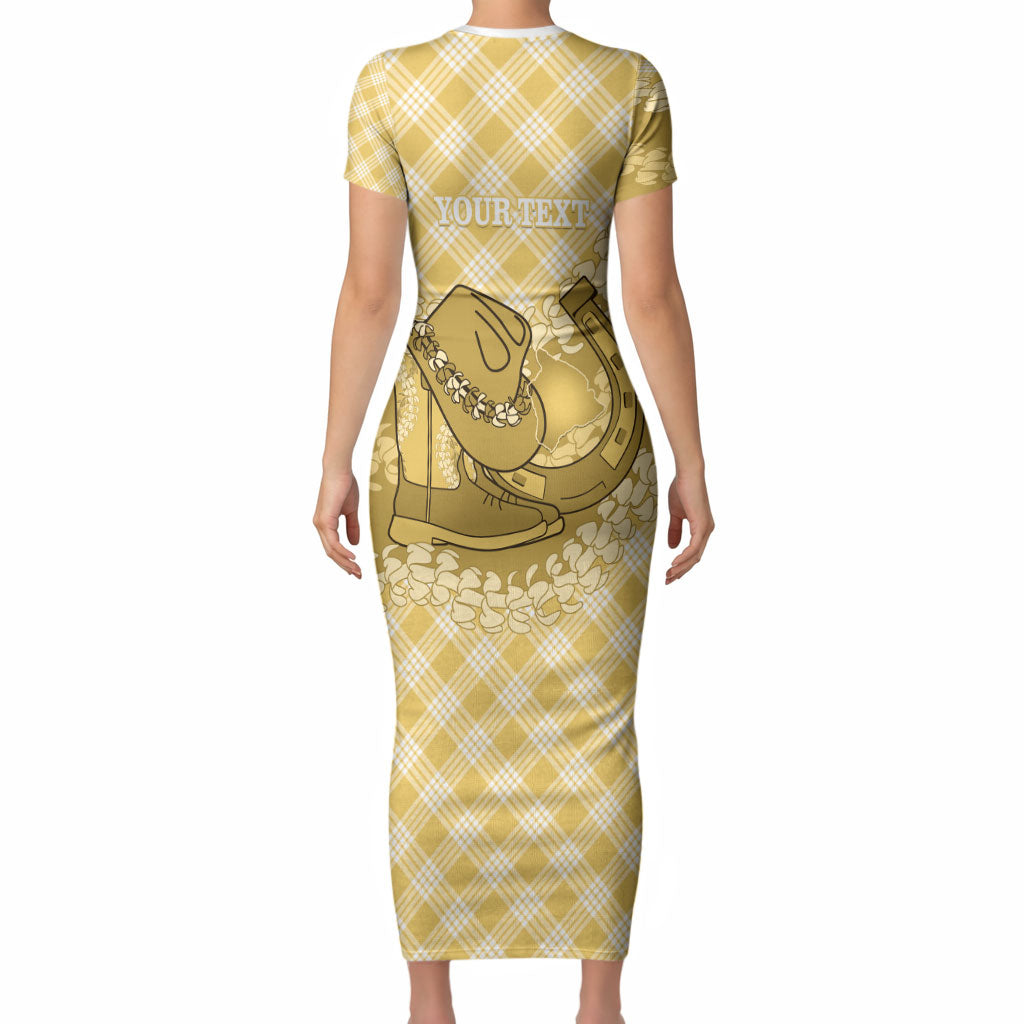 Melemele Hawaii Cowboy Palaka Motifs Personalised Short Sleeve Bodycon Dress Paniolo Festival Puakenikeni Lei LT14 - Polynesian Pride