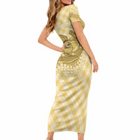 Melemele Hawaii Cowboy Palaka Motifs Personalised Short Sleeve Bodycon Dress Paniolo Festival Puakenikeni Lei LT14 - Polynesian Pride