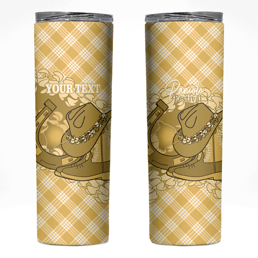 Melemele Hawaii Cowboy Palaka Motifs Personalised Skinny Tumbler Paniolo Festival Puakenikeni Lei LT14 Yellow - Polynesian Pride