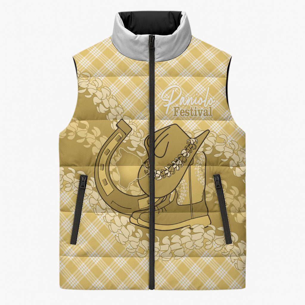 Melemele Hawaii Cowboy Palaka Motifs Personalised Sleeveless Puffer Jacket Paniolo Festival Puakenikeni Lei LT14 Unisex Yellow - Polynesian Pride