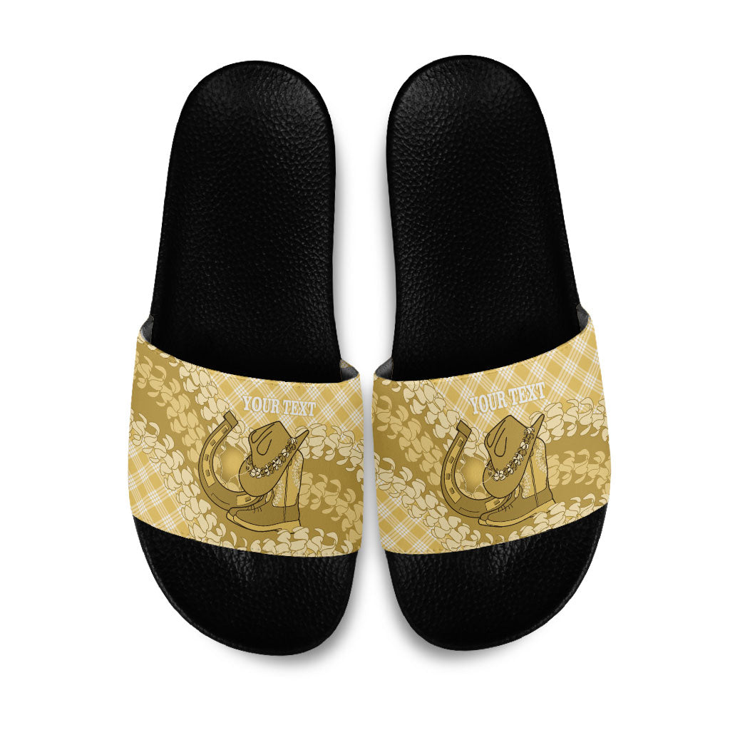 Melemele Hawaii Cowboy Palaka Motifs Personalised Slide Sandals Paniolo Festival Puakenikeni Lei LT14 Yellow - Polynesian Pride