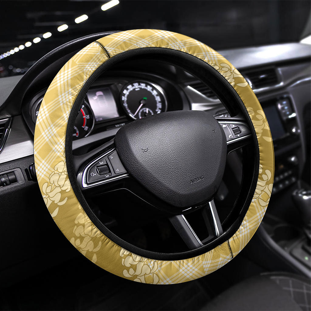 Melemele Hawaii Cowboy Palaka Motifs Steering Wheel Cover Paniolo Festival Puakenikeni Lei LT14 Universal Fit Yellow - Polynesian Pride