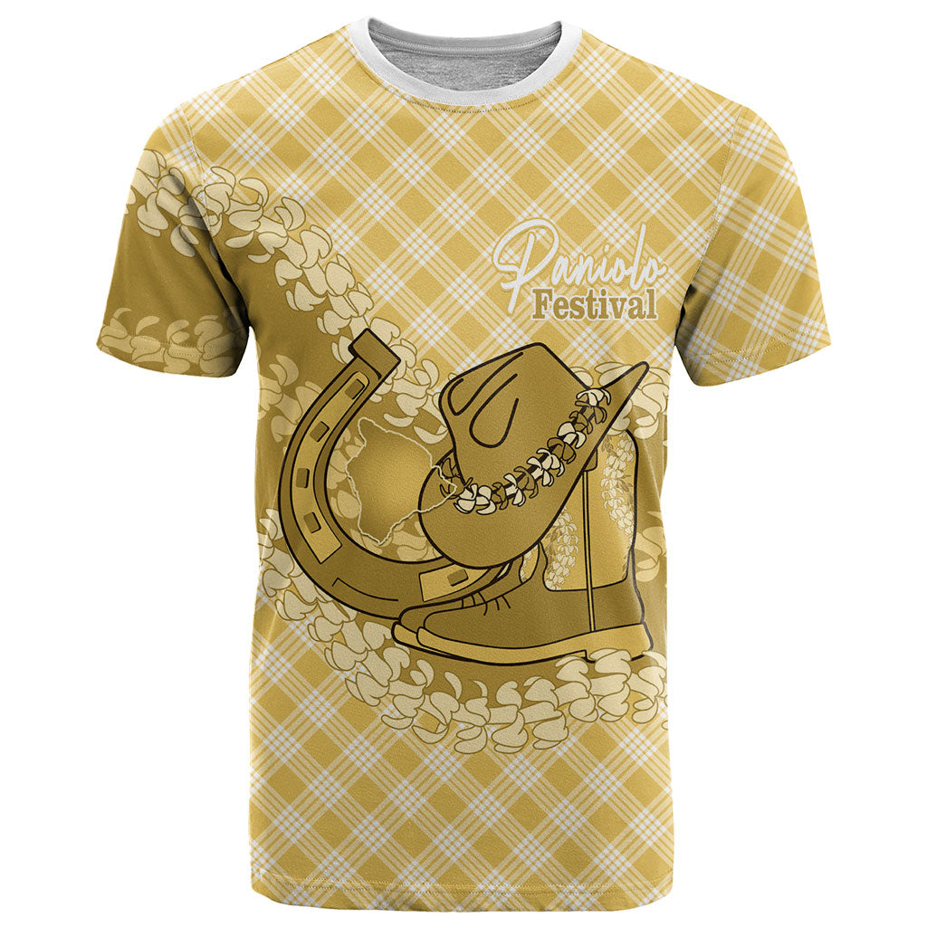 Melemele Hawaii Cowboy Palaka Motifs Personalised T Shirt Paniolo Festival Puakenikeni Lei LT14 Yellow - Polynesian Pride