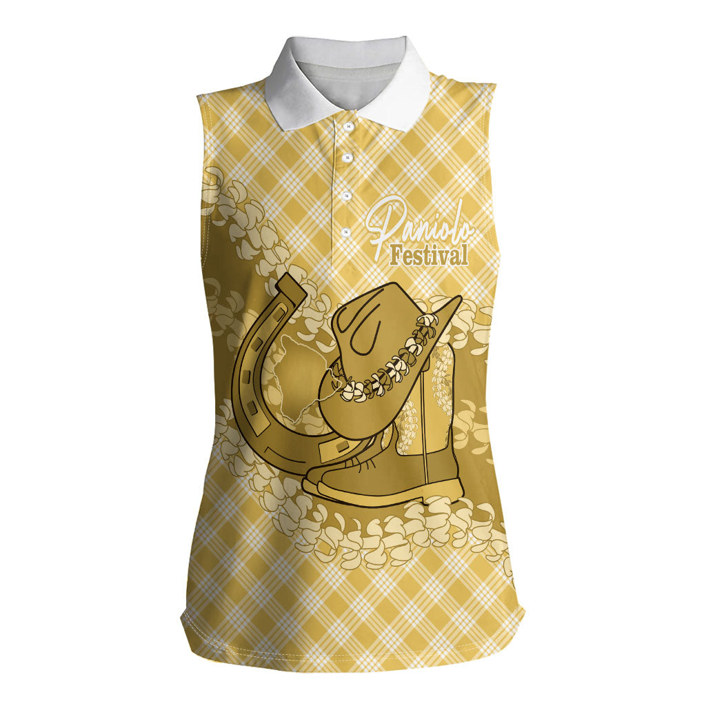 Melemele Hawaii Cowboy Palaka Motifs Personalised Women Sleeveless Polo Shirt Paniolo Festival Puakenikeni Lei LT14 Female Yellow - Polynesian Pride