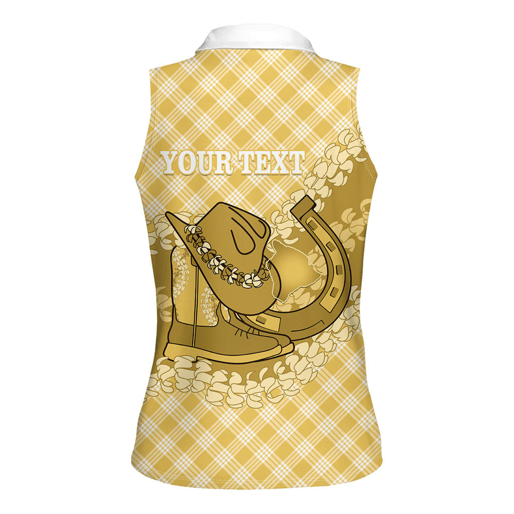 Melemele Hawaii Cowboy Palaka Motifs Personalised Women Sleeveless Polo Shirt Paniolo Festival Puakenikeni Lei LT14 - Polynesian Pride