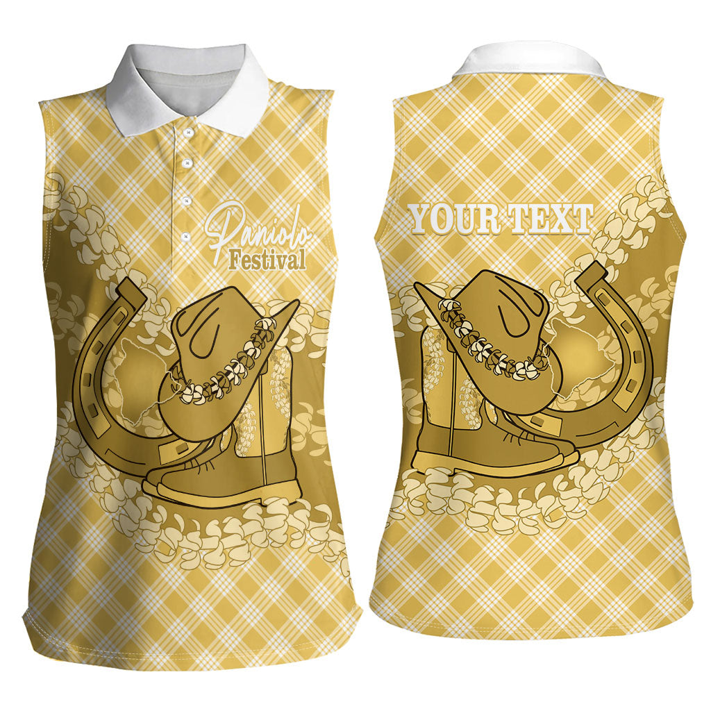 Melemele Hawaii Cowboy Palaka Motifs Personalised Women Sleeveless Polo Shirt Paniolo Festival Puakenikeni Lei LT14 - Polynesian Pride