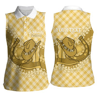 Melemele Hawaii Cowboy Palaka Motifs Personalised Women Sleeveless Polo Shirt Paniolo Festival Puakenikeni Lei LT14 - Polynesian Pride