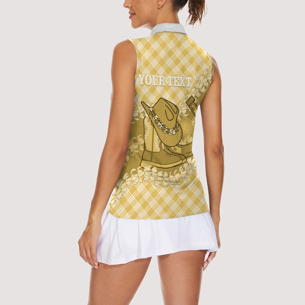 Melemele Hawaii Cowboy Palaka Motifs Personalised Women Sleeveless Polo Shirt Paniolo Festival Puakenikeni Lei LT14 - Polynesian Pride