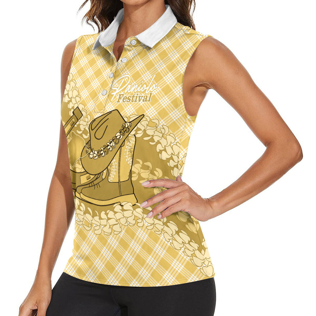Melemele Hawaii Cowboy Palaka Motifs Personalised Women Sleeveless Polo Shirt Paniolo Festival Puakenikeni Lei LT14 - Polynesian Pride