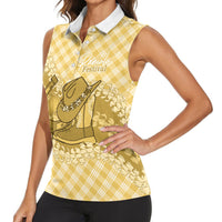 Melemele Hawaii Cowboy Palaka Motifs Personalised Women Sleeveless Polo Shirt Paniolo Festival Puakenikeni Lei LT14 - Polynesian Pride