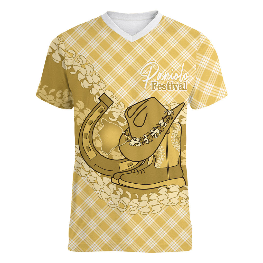 Melemele Hawaii Cowboy Palaka Motifs Personalised Women V-Neck T-Shirt Paniolo Festival Puakenikeni Lei LT14 Female Yellow - Polynesian Pride