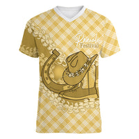 Melemele Hawaii Cowboy Palaka Motifs Personalised Women V-Neck T-Shirt Paniolo Festival Puakenikeni Lei LT14 Female Yellow - Polynesian Pride