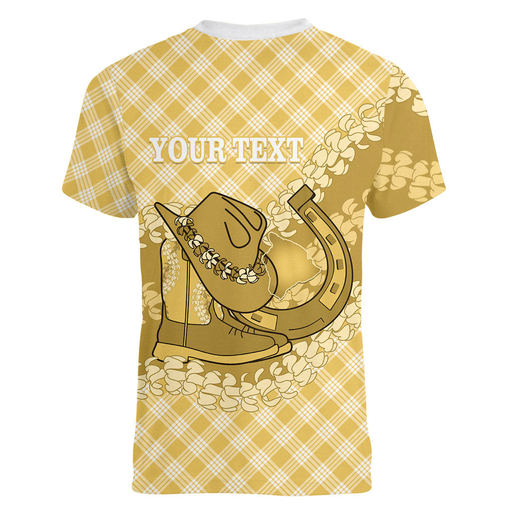 Melemele Hawaii Cowboy Palaka Motifs Personalised Women V-Neck T-Shirt Paniolo Festival Puakenikeni Lei LT14 - Polynesian Pride