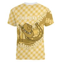 Melemele Hawaii Cowboy Palaka Motifs Personalised Women V-Neck T-Shirt Paniolo Festival Puakenikeni Lei LT14 - Polynesian Pride