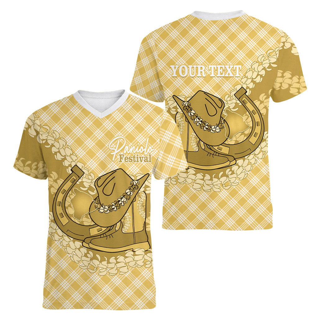 Melemele Hawaii Cowboy Palaka Motifs Personalised Women V-Neck T-Shirt Paniolo Festival Puakenikeni Lei LT14 - Polynesian Pride