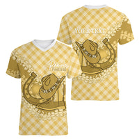 Melemele Hawaii Cowboy Palaka Motifs Personalised Women V-Neck T-Shirt Paniolo Festival Puakenikeni Lei LT14 - Polynesian Pride