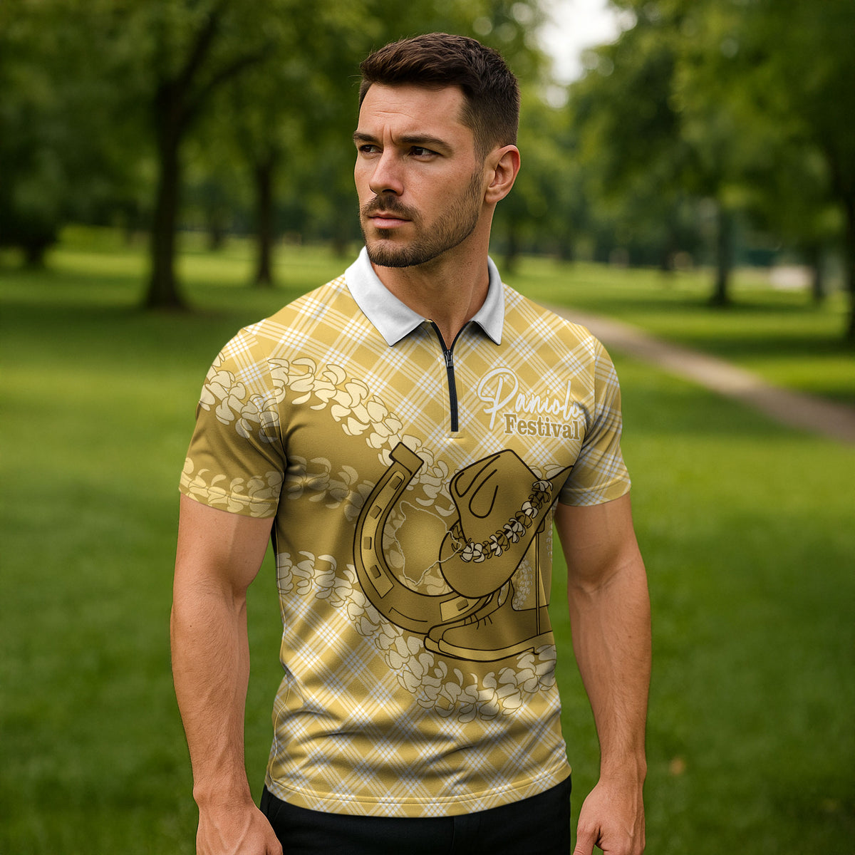 Melemele Hawaii Cowboy Palaka Motifs Personalised Zipper Polo Shirt Paniolo Festival Puakenikeni Lei LT14 - Polynesian Pride