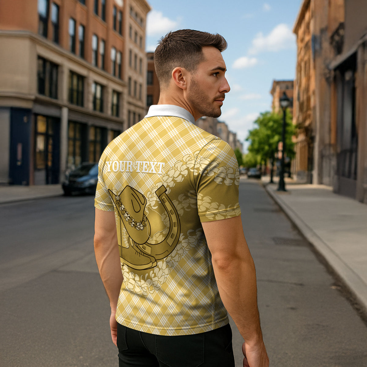 Melemele Hawaii Cowboy Palaka Motifs Personalised Zipper Polo Shirt Paniolo Festival Puakenikeni Lei LT14 - Polynesian Pride